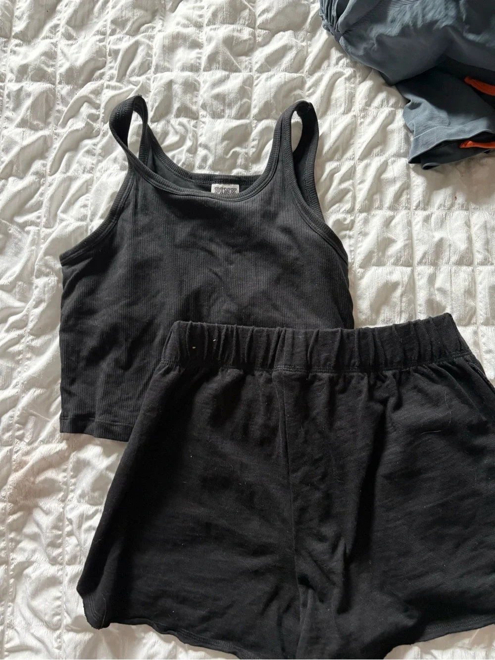 PINK Victoria's Secret Black Ribbed Tank Crop Top & Elastic Waist Shorts Set